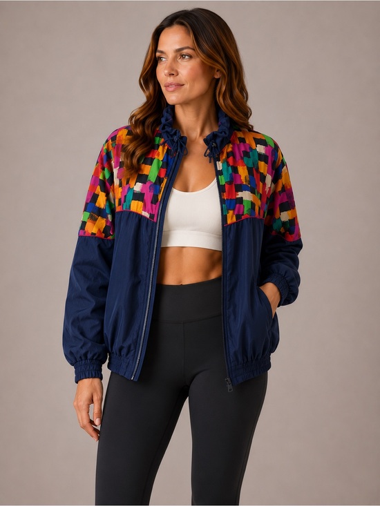 ROBERT STOCK LIMITED Jackets & Blazers - ROBERT STOCK Limited Silk Multicolor Yoke Navy Track Jacket Women’s Med Vintage